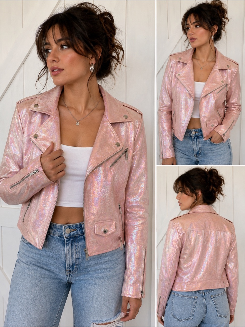 Michel Choe Design Rose Gold Holographic Moto Jacket Women’s L Metallic Biker